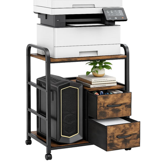 ZEXVIDA Printer Stand Featuring Fabric Drawers, Under Desk Host Computer Cabinet and Shredder Shelf, Heavy Duty Printer Stand with Storage Workstation Organization Printer Table for Home Office