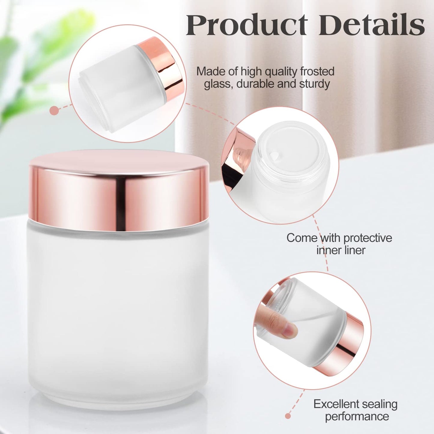 4 Pack 200g/7oz Frosted Glass Jars Empty Cosmetic Pot Refillable Cream Container Bottle with Rose Gold Lid&Inner Liner for Lotion Face Cream DIY Makeup Salve Lip Balm Toiletries