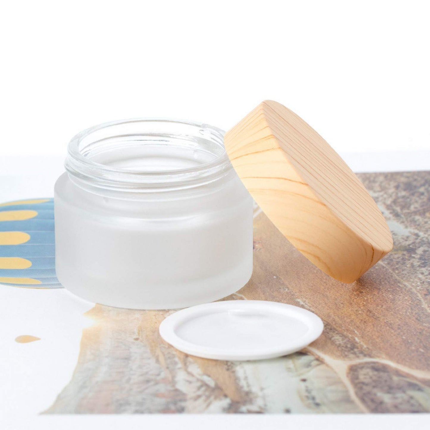 Healthcom 50 Gram/50 ml Empty Sample Jars Round Frosted Glass Bottle Cosmetic Cream Jar Wood Grain Lid Cosmetic Container Glass Cream Box Refillable Cream Pot Jars for Lip Balm Lotion Eyeshadow,4 Pack