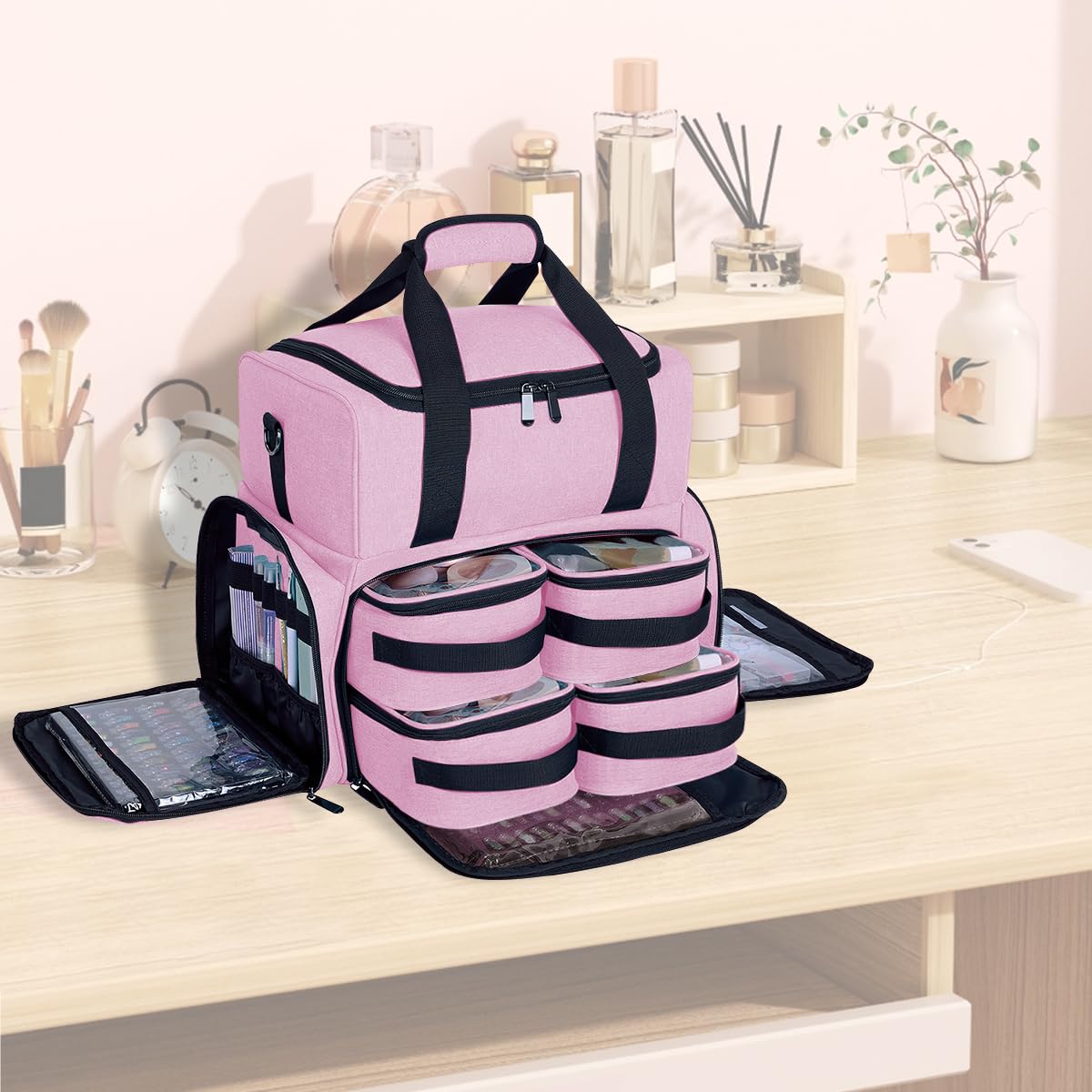 UOZL Large Cosmetic Bag with 4 Removable Case and 2 Removable Dividers Double Layer Travel Storage Organizer, Makeup Brushes Storage Section Pink