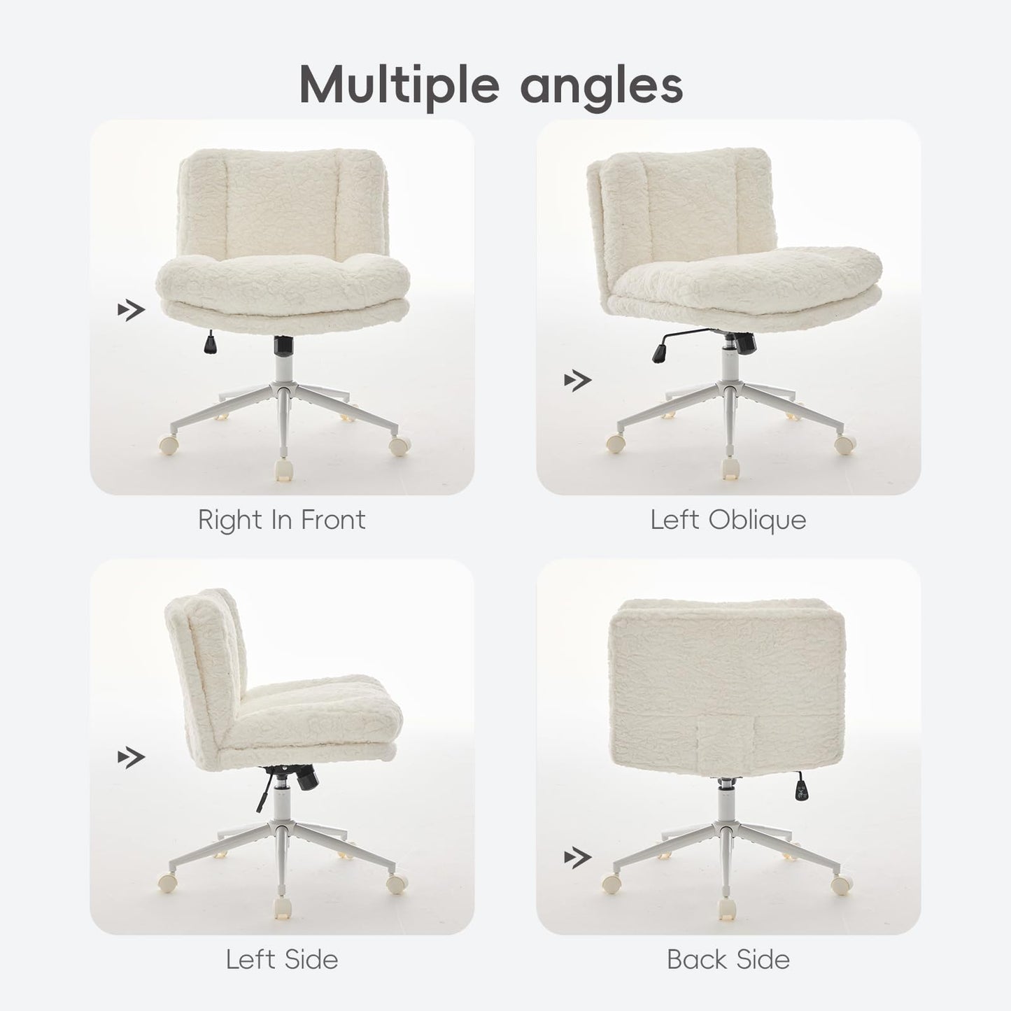 KIUMU Upgraded Plush Faux Fur Criss Cross Office Vanity & Desk Chair with White Metal Base – Extra-Wide Seat & Tilt Backrest, Adjustable Swivel Makeup Chair for Bedroom, Study & Home Office, Cream