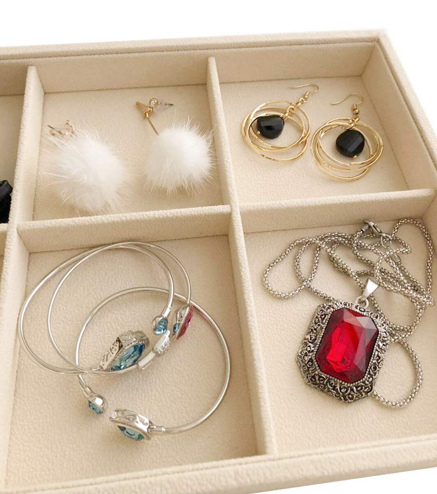 Beige Jewelry Organizer Tray 6 Compartment Medium, Stackable Display Tray for Watches Earrings Bracelets Necklaces, Removable Dividers, Slim Drawer Insert, Dressing Table Vanity Home Retail