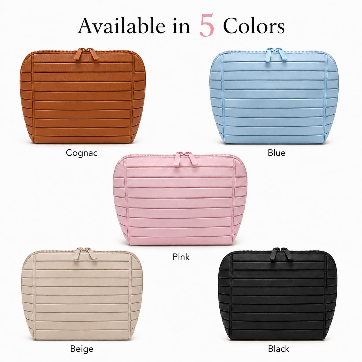 Travel Makeup Bag for Women, Fold Down Stand-Up Striped Makeup Organizer with Adjustable Dividers, 27 Pockets, 3 Brush Holders, Waterproof PVC Cosmetic Toiletry Bag for Travel, Black