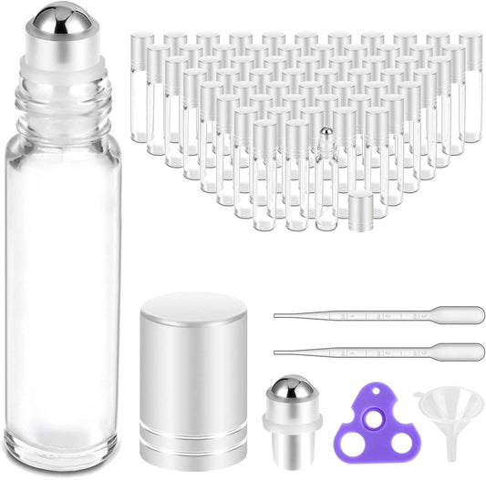 PrettyCare Set of 60, 10 ml Essential Oil Roller Bottles with Stainless Steel Roller Ball - Bulk Refillable Leak-proof Empty Clear Glass Roll on Bottles with Silver Metal Caps for Travel, Perfume