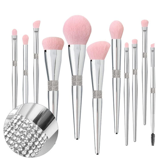 Silver Glitter 11PCS Makeup Brush Set Crystal Cosmetic Make Up Brush Kit with Gift Box, Soft Vegan Synthetic Hair for Foundation, Powder, Eyeshadow, Eyebrow & Lip for Girl