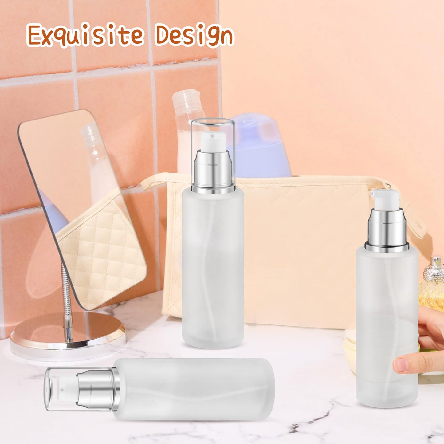 8 Pcs 60ml/2oz Frosted Glass Bottles Refillable Pump Dispenser Jar Travel Lotion Vials with Plastic Pump Head for Toiletry Liquid Foundation Cream Cosmetic Samples - Silver