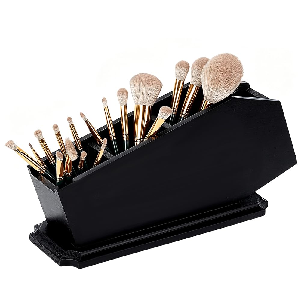 PH PandaHall Black Wood Coffin Brush Holder Vanity Makeup Organizer Pen Holder Desk Supplies Gothic Decor Witchy Accessories for Bathroom Bedroom Living Room Spooky Home Decor Gift 12.8x3.9x1.7 inch