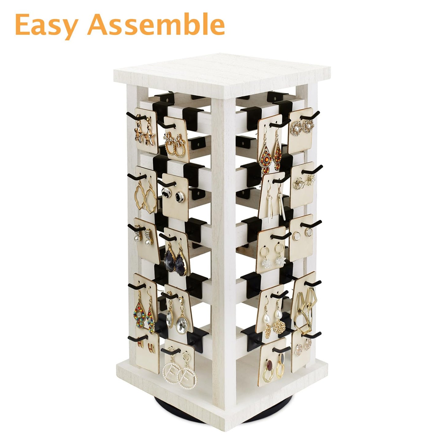 Ikee Design 5 Tiers Easy Assemble Wood Rotating Jewelry Display Tower With 42 Removabl Hooks,Spinning Earring Card Storage Display Stand for Store, Showcase, Tradeshow and Home, Wash White Color