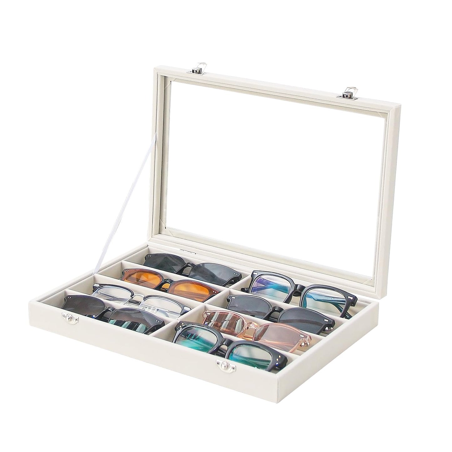 Coward Sunglass Organizer Tray Box, Beige Velvet Grids Eyeglasses Display Tray Case with Transparent Glass Lid for Home Use or Store Shop Selling Show