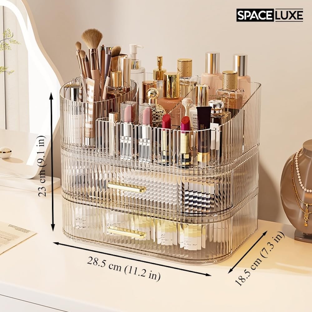 SpaceLuxe Large Makeup Organizer with Drawers, 360° Rotating Brush Holder