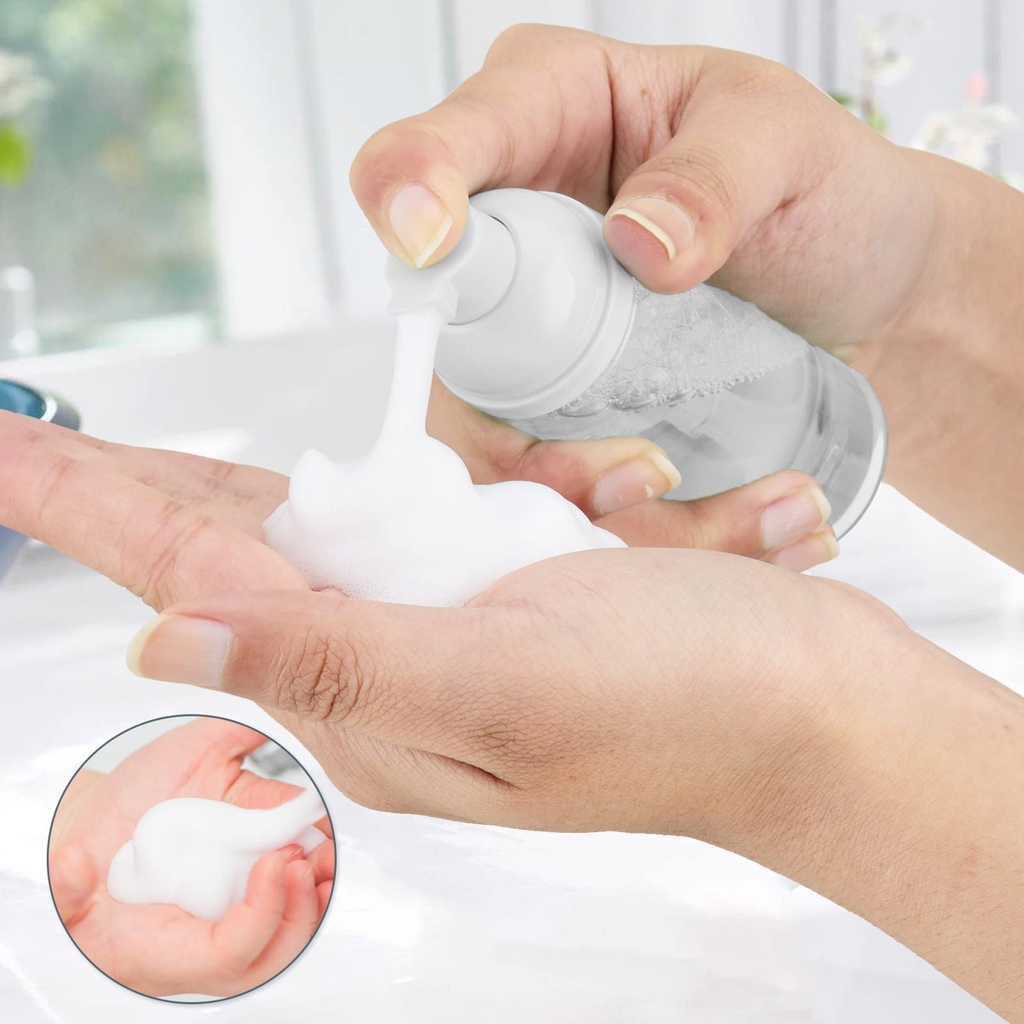 Owlyee Travel Foam Pump Bottle - 2oz Small Size Foaming Hand Soap Dispenser - Mini Portable Mousse Lash Shampoo Kit Container for Hair - Empty Leak Proof Plastic Clear Foamer 30Pack