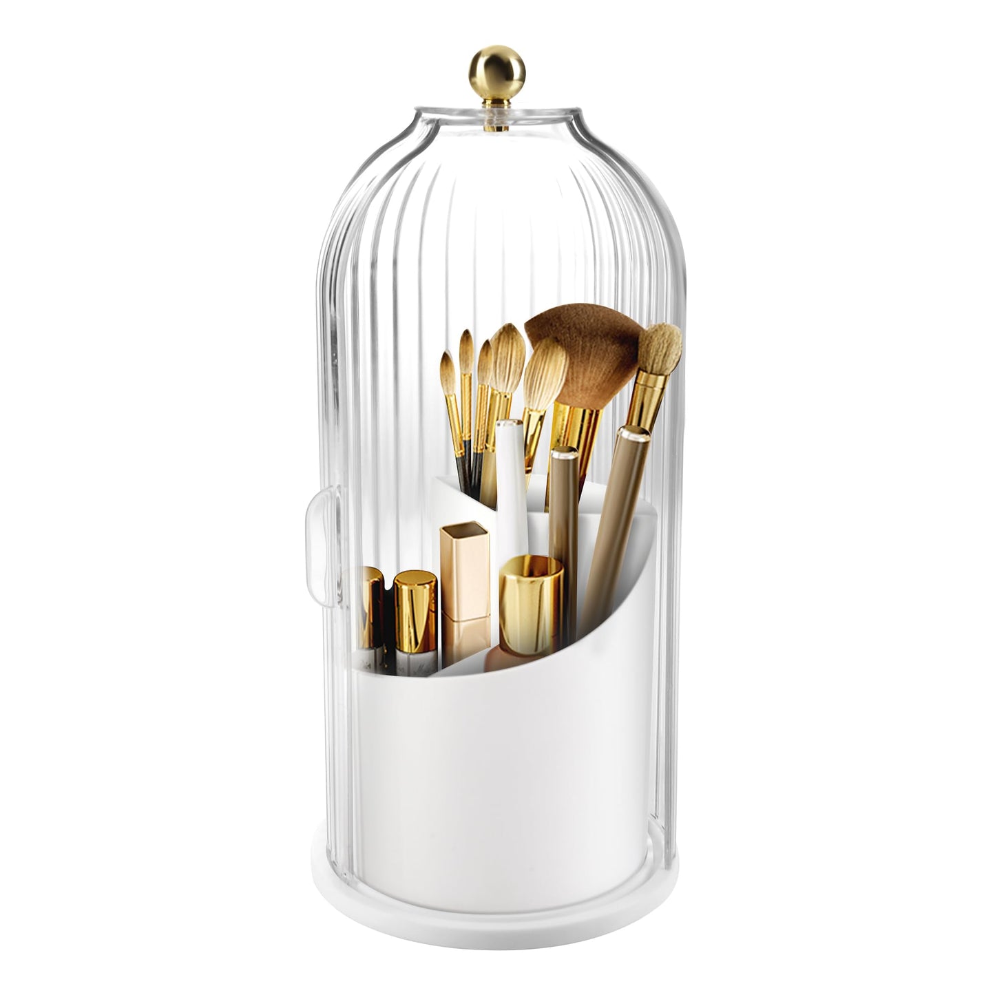 Makeup Brush Holder with Lid 360 Rotating Makeup Brush Organizer, Dustproof Waterproof Material & with 3 Compartments for Organized Storage, Dressing Tables Clear Storage Skincare Cosmetic (White)