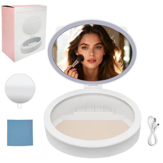 YNBXHJPP LED Makeup Mirror with Storage, 10X /1X Magnifying Vanity Mirror with 3 Types of Light, 66 LED Vanity Mirror with Lights,3-in-1 Deskop Storage Mirror,Travel Makep Mirror (White)