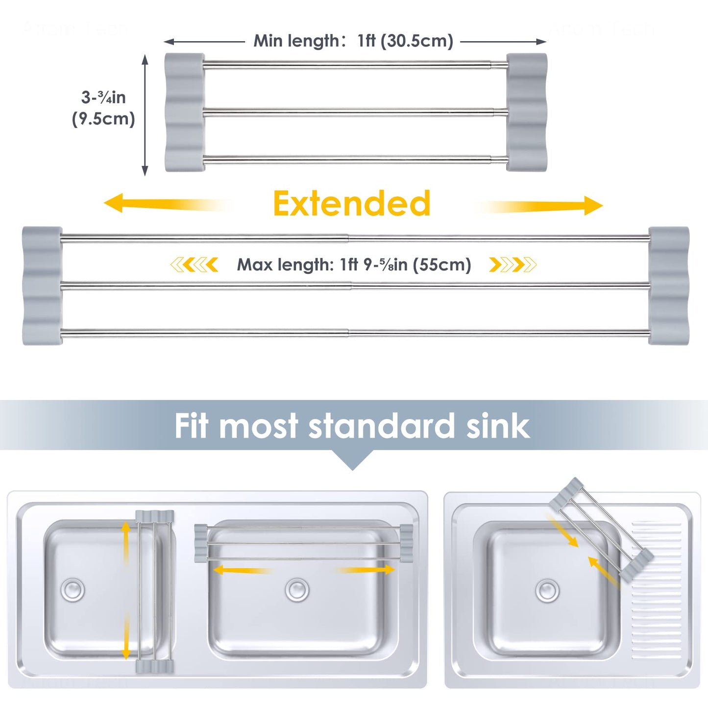 Tomorotec Adjustable Over-The-Sink Kitchen Rack for Dishcloths, Sponges, Bottles and Brushes - Heat-Resistant Stainless Steel with Slim, Expandable Design and Multifunctional Silicone Holder