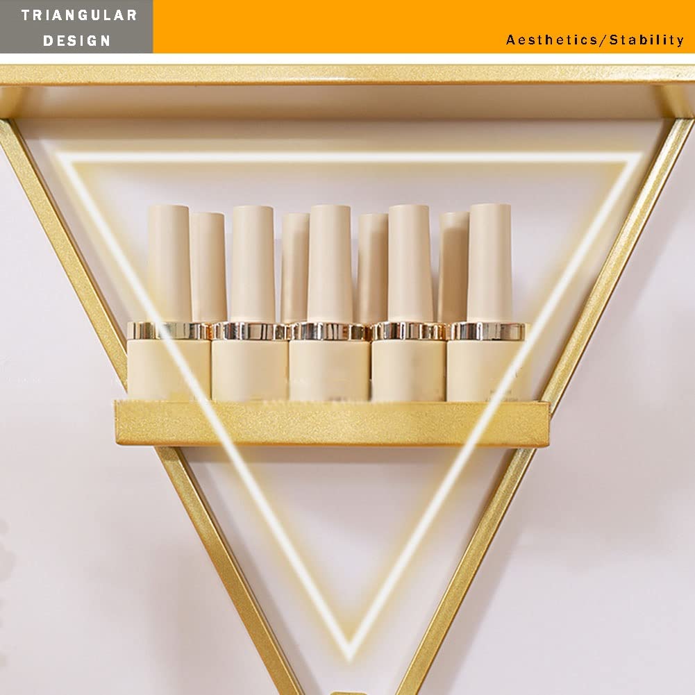 LXSEHN Metal Wall Mounted Nail Polish Rack, 6 Sets Triangular Cosmetic Display Racks, Essential Oil Bottles Shelf Organizer, Gold Storage Lipstick Perfume Holder for Spa Nail Salon Shop Home