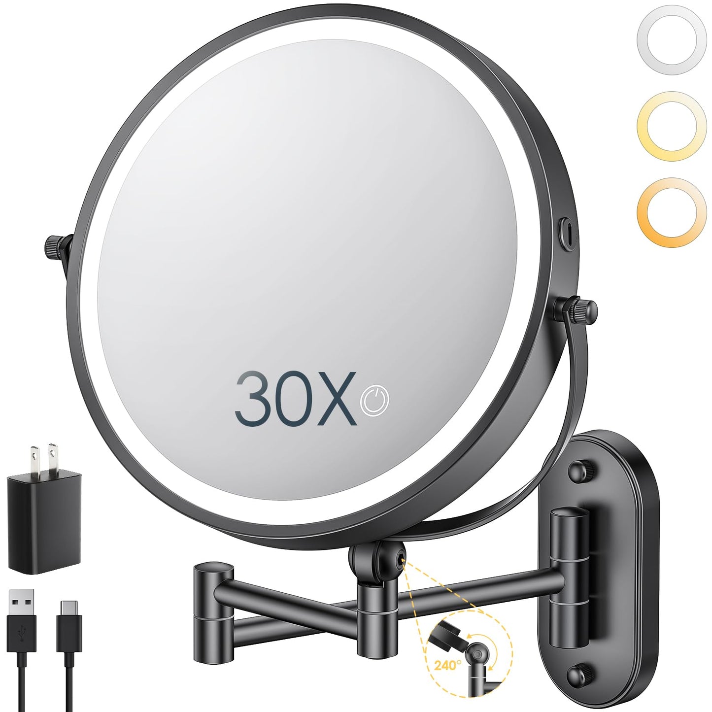 ZLOKLA 9" Wall Mounted Lighted Makeup Mirror,4000mAh Rechargeable Double Sided 1X/30X Magnifying Mirror with Light,Touch Dimmable,Extended Arm 360 Rotation Wall Mounted Makeup Mirror 3 Color Lights