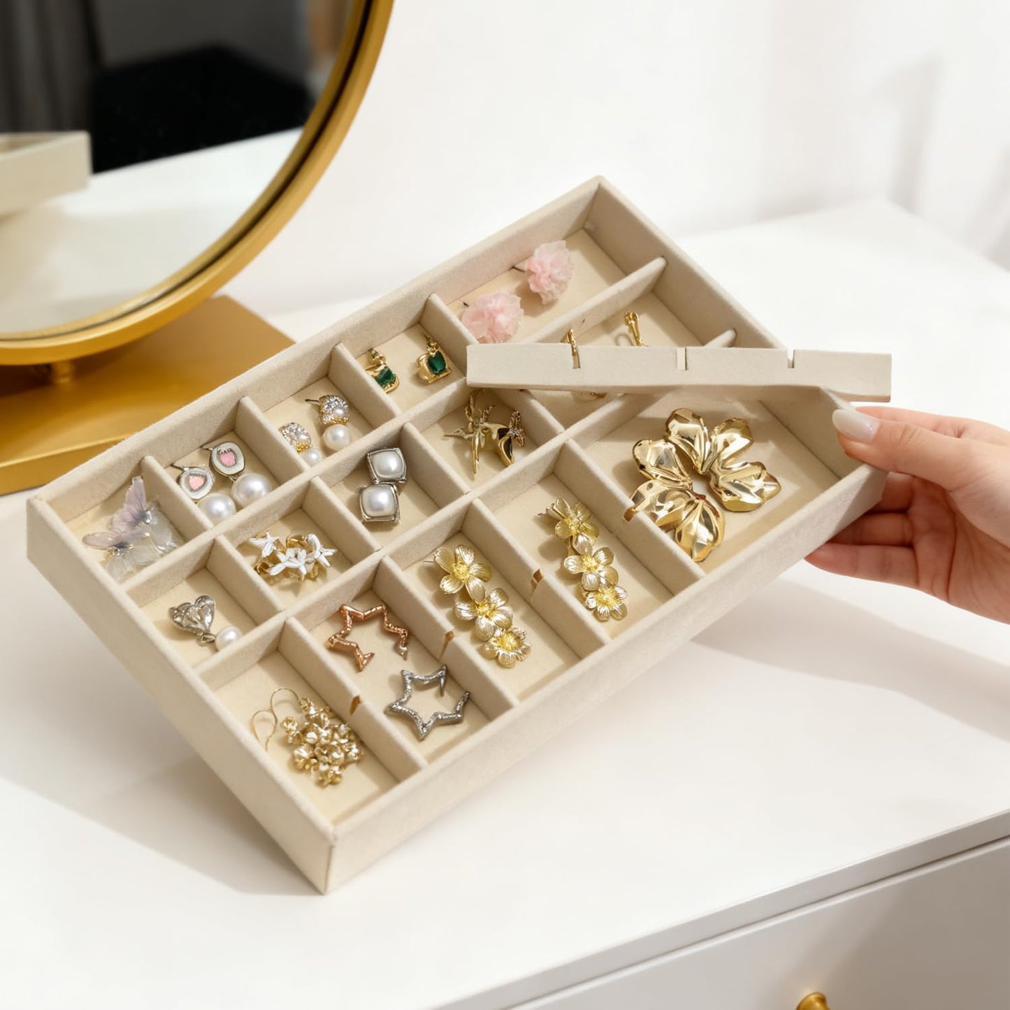 KATISYIO Stackable Jewelry Trays Organizer for Drawer Set of 4 – Velvet Drawer Inserts Organizer Jewelry Organizers and Display Set for Earrings, Rings, Necklaces, Bracelets (Beige)