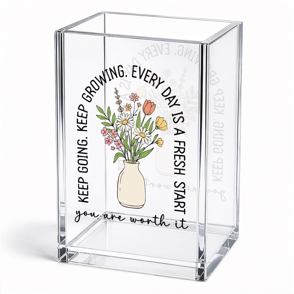 Xiahde Keep Going Keep Growing Acrylic Pencil Holder Cup, Floral Motivational Pen Holder, Inspirational Gifts for Women Girls, Positive Encouragement Gifts for Friends Coworkers Her