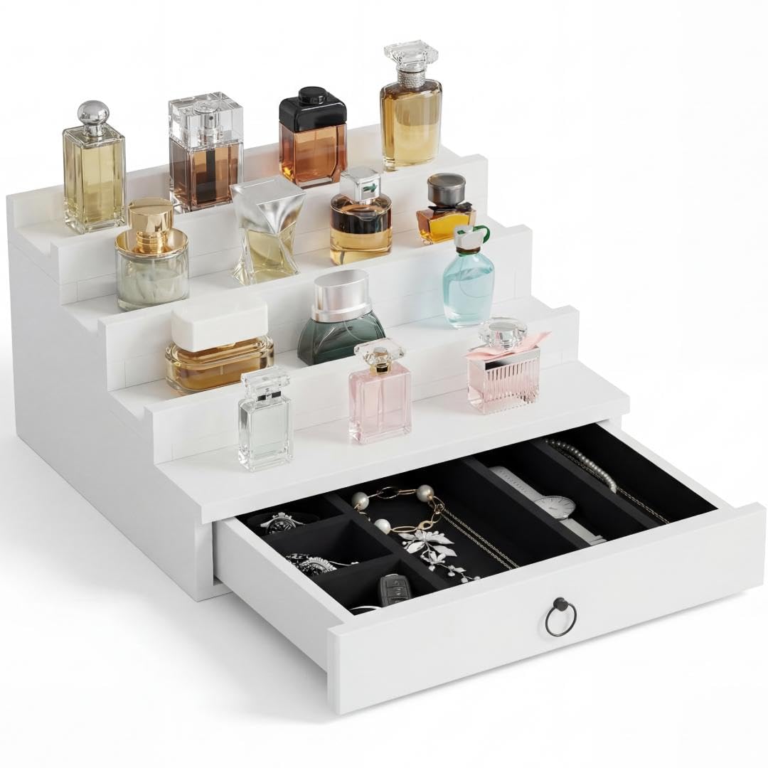 Blisse Cologne/Perfume Organizer, 4-Tier Storage Drawer with Hidden Compartments, Soft-Lined Display Case (Black with White)
