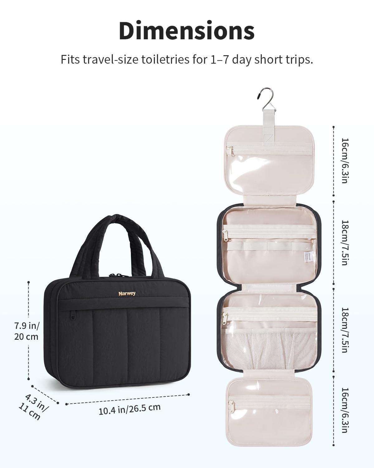 Narwey Hanging Travel Toiletry Bag for Women, Quilted Makeup Bag Organizer with Handle, Travel Bathroom Bag, Portable Toiletries Bag for Essentials, Accessories, Brushes, Cosmetics (Black)
