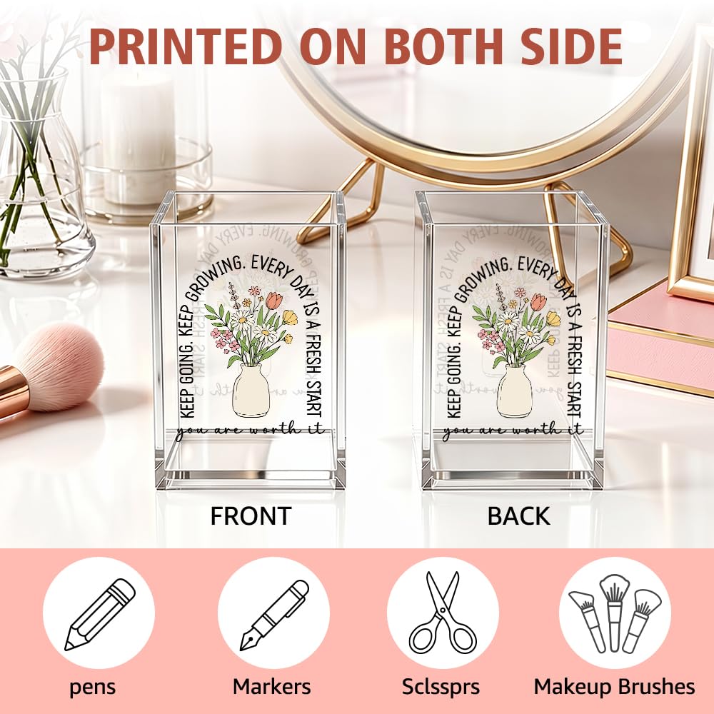 Xiahde Keep Going Keep Growing Acrylic Pencil Holder Cup, Floral Motivational Pen Holder, Inspirational Gifts for Women Girls, Positive Encouragement Gifts for Friends Coworkers Her