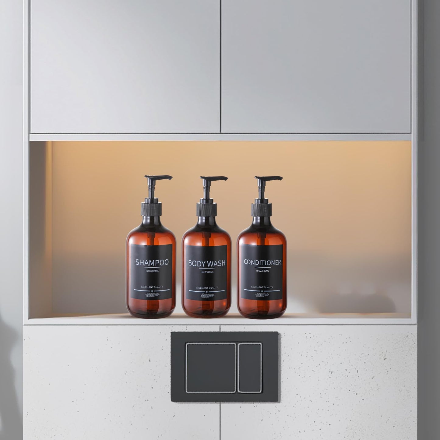 Mithrgrous 5Pack Amber Shower Bottles Refillable with Labels,16.9oz(500ml) Reusable Shampoo and Conditioner Bottles,Shampoo Dispenser Bottles
