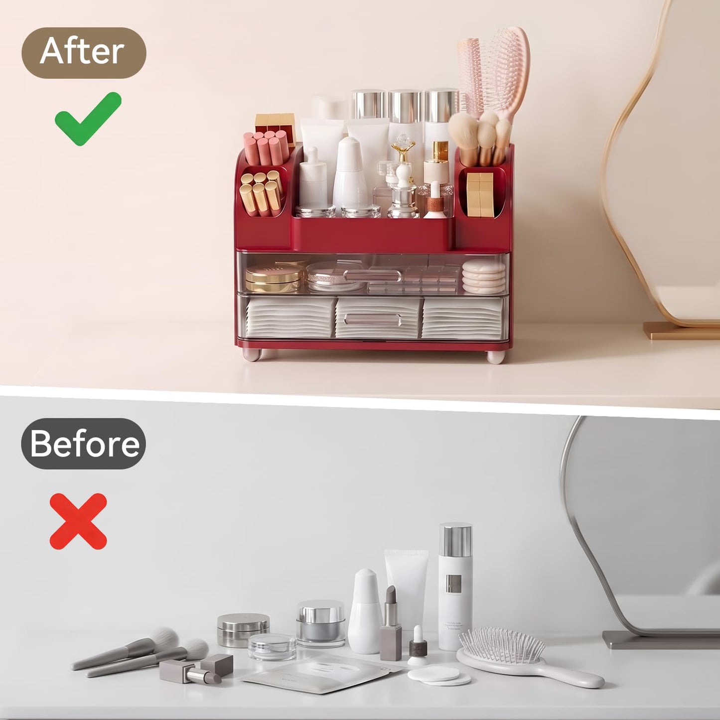 Brothersbox Makeup Organizer for Vanity with 2 Large Drawers and 6 Brush Holders, Large Bathroom Countertop Cosmetic Storage for Skincare, Lipstick, Nail Polish, Perfume, Gift for Women, Red