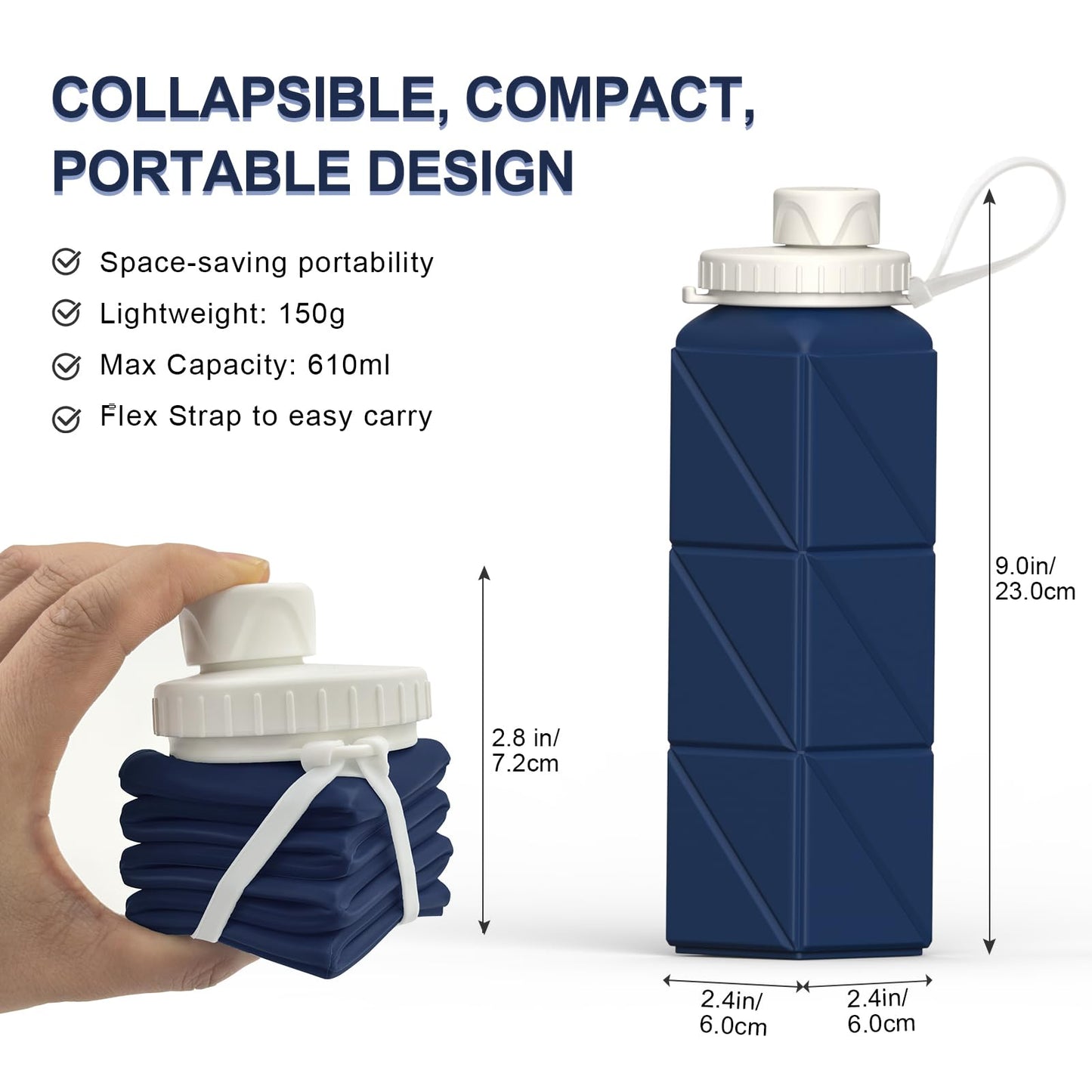 BEAUTAIL Collapsible Water Bottles 20.6oz, Silicone Foldable Portable Travel Water Bottle, BPA-Free, Leakproof Reusable for Traveling Camping Hiking Sports Outdoor, 2 Pack (Black+Dark Blue)