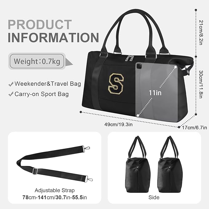 Dance Gym Duffel Bag for Teen Girls, Personalized Initial Travel Weekender Bag,Cute Overnight Carry On Duffle for Women,Sports Travel Cheer Bag,Monogram Christmas Gifts for Tween Preppy(black-S)