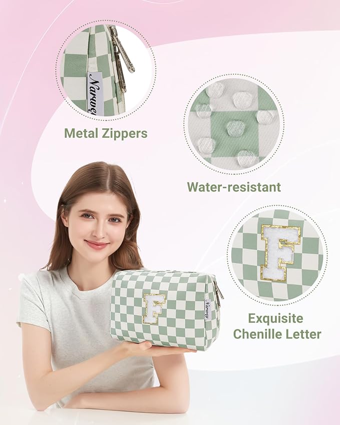Narwey Birthday Gifts for Teen Girls Kids Women Personalized Initial Checkered Makeup Bag Preppy Cosmetic Bag Trendy Stuff 6 8 10 11 12 13 14 16 18 Years Old Travel Toiletry Bag (Green Letter F)