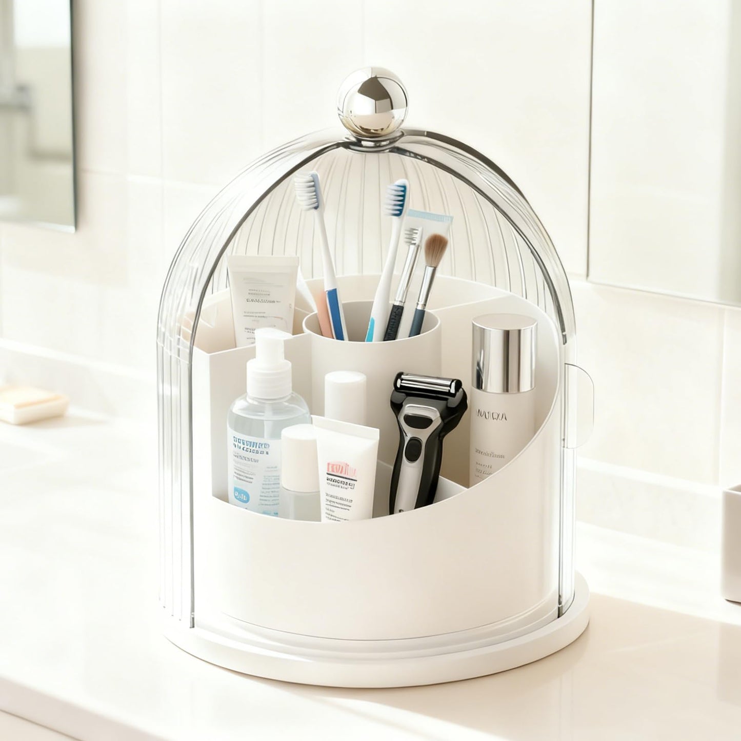 ONXE Makeup Brush Holder Organizer with Lid,360° Rotating Makeup Organizer Countertop,5 Compartments Make Up Brush Organizers for Makeup Brushes,Cosmetics,Skincare,Nail Polish,Toothbrush,Dustproof