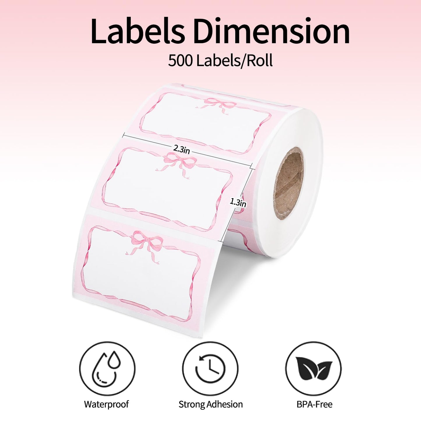 FYSUIMU Pink Bow Direct Thermal Labels 1.3 x 2.3 inch Bowknot Coquette Label Stickers Rectangle Self-Adhesive Printer Decals for Valentine's Day Wedding DIY Name Tag Custom Logo Candle Design, 500 Pcs