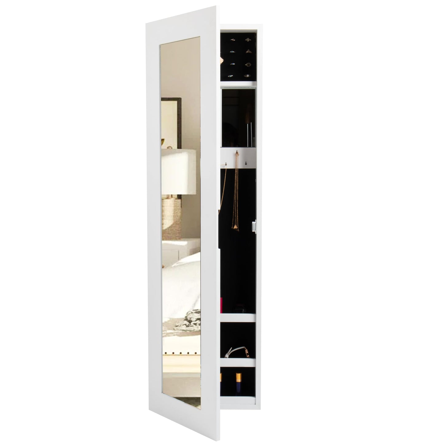 Mind Reader Jewelry Organizer, Full Length Mirror, Jewelry Armoire, Storage, Wall Mount, Wood, 12.5"L x 3.5"W x 43.5"H, White