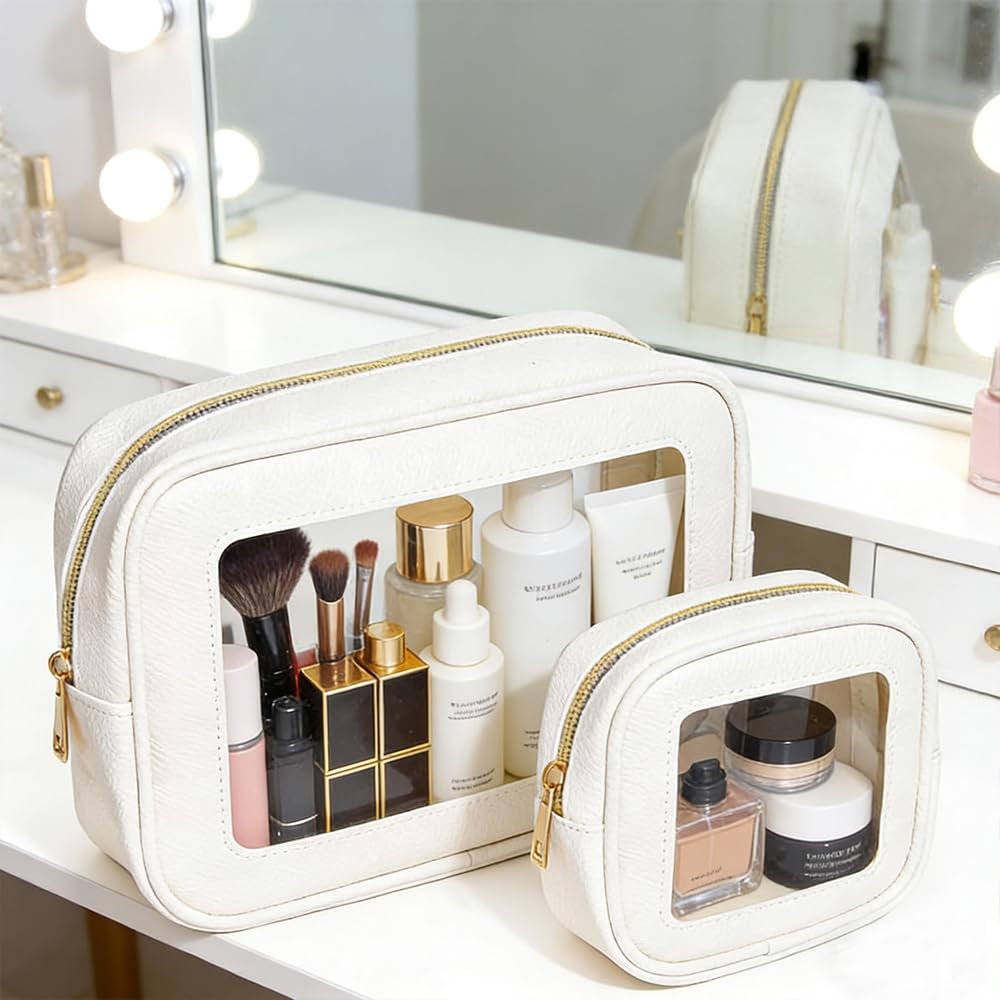 FFpaw Clear Makeup Bag Set for Women, Waterproof Travel Clear Makeup Bag Small Toiletry Bag Skincare Pouch Portable Travel Cosmetic Bag with Zipper Car Organizer Bag for Essentials (Large+Mini White)