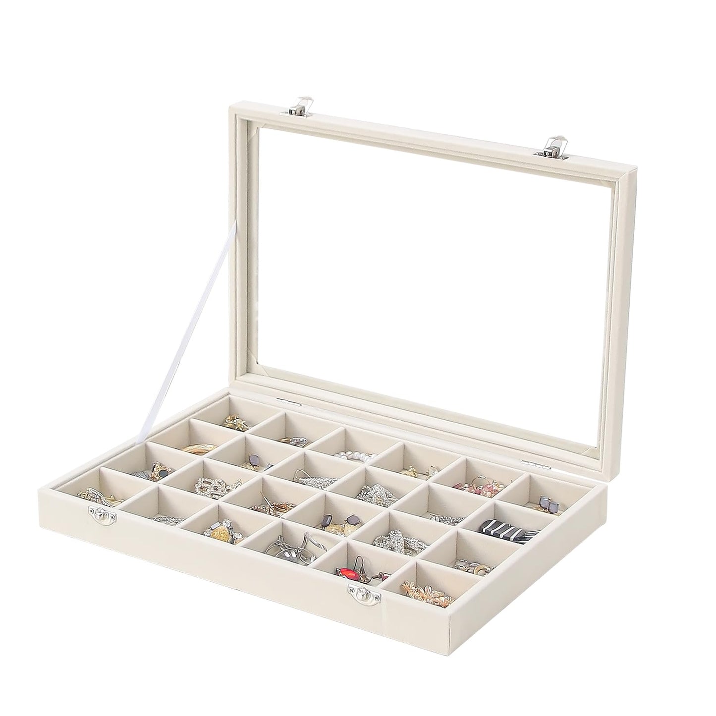 Coward Jewelry Organizer Box, Beige Velvet 24 Grids Ring Earring Jewelry Display Tray Case with Transparent Glass Lid for Home Drawer or Shop Selling