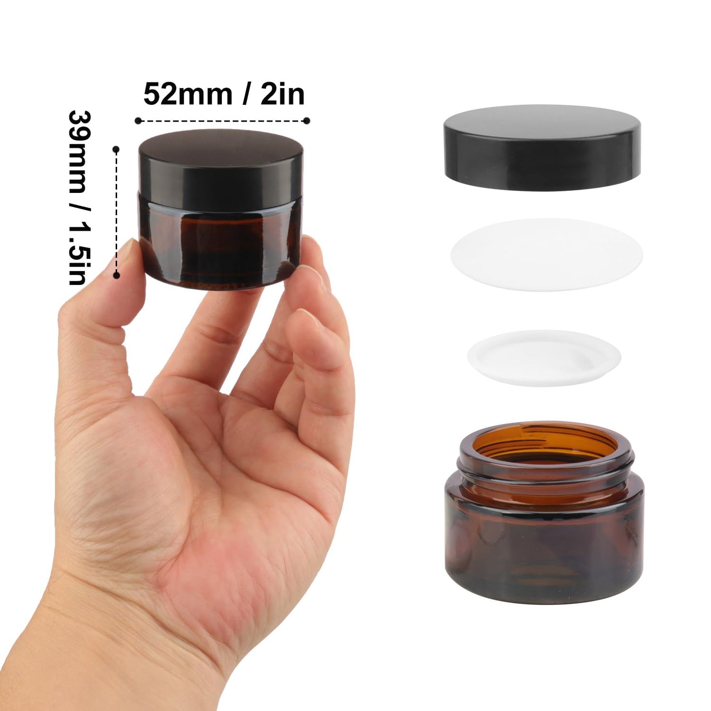 Yiksonyo 50 Pack 1 oz Amber Glass Jars with Black Lids, Amber Glass Containers with Inner Liners for Cosmetics, Lotions, Salves, and More(Amber & Black Lid)