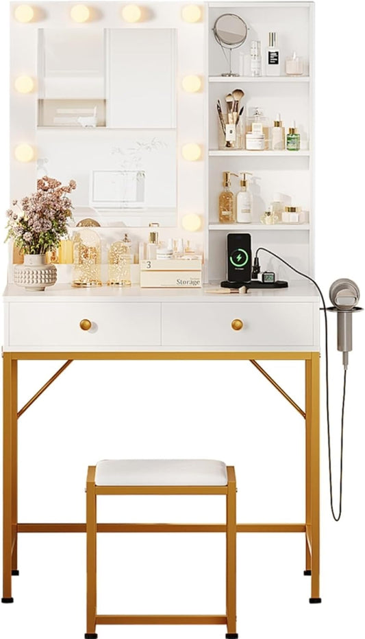 GarveeHome Vanity Desk with Mirror and Lights, Makeup Vanity Table with Chair & Charging Station, Makeup Vanity Set with 3 Lighting Color Adjustable Dressing Table for Bedroom,White