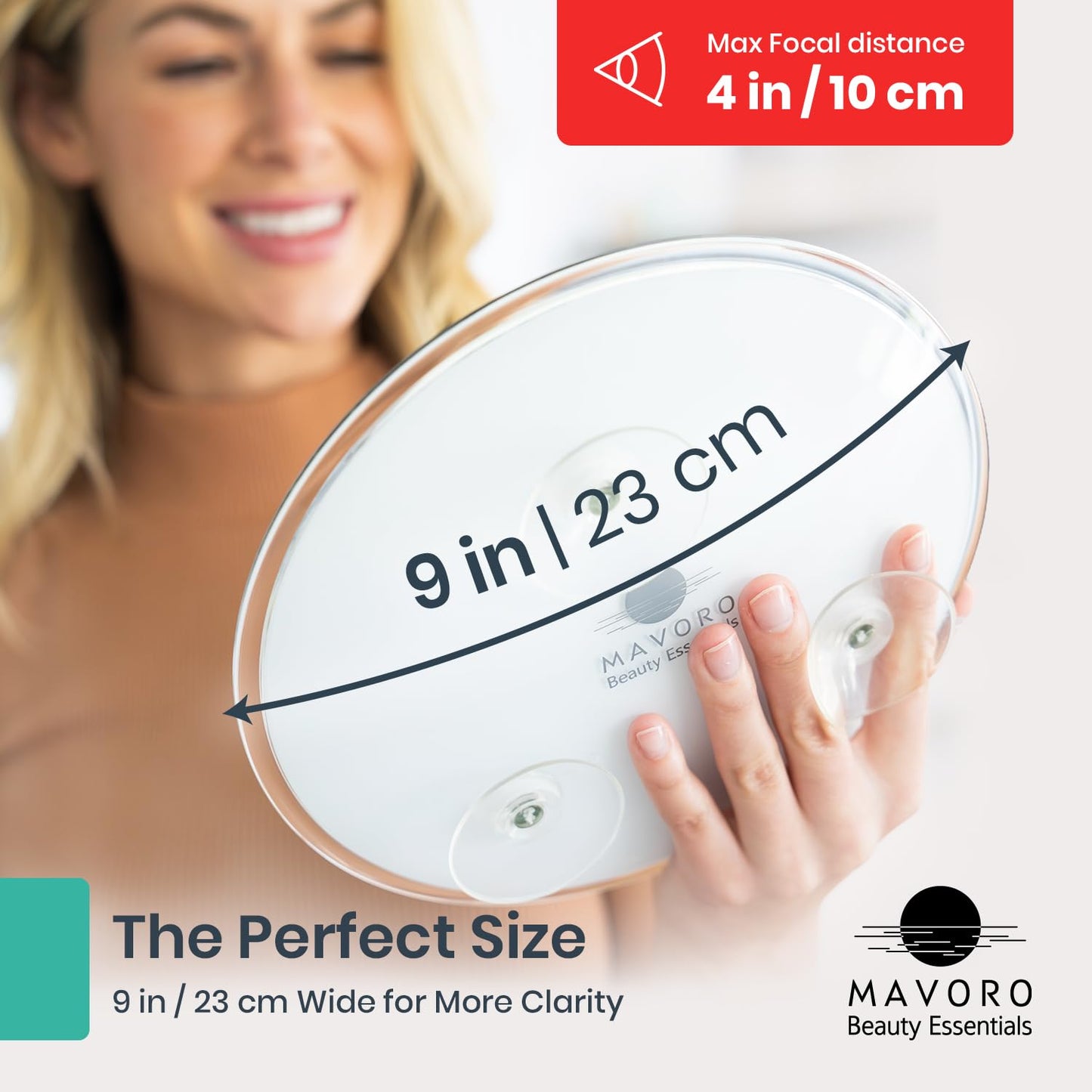 Mavoro 9'' Magnifying Mirror with 3 Strong Suction Cups | 10X Magnification | Portable Travel Makeup & Cosmetic Mirror (10X)