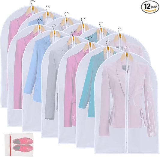 12 Pack Shirt Garment Bags (24x36") - Dustproof Short Suit Covers - Durable PEVA Closet Bags with Sturdy Zipper for Blouses, Jackets, Sweaters & T-Shirts (Translucent)