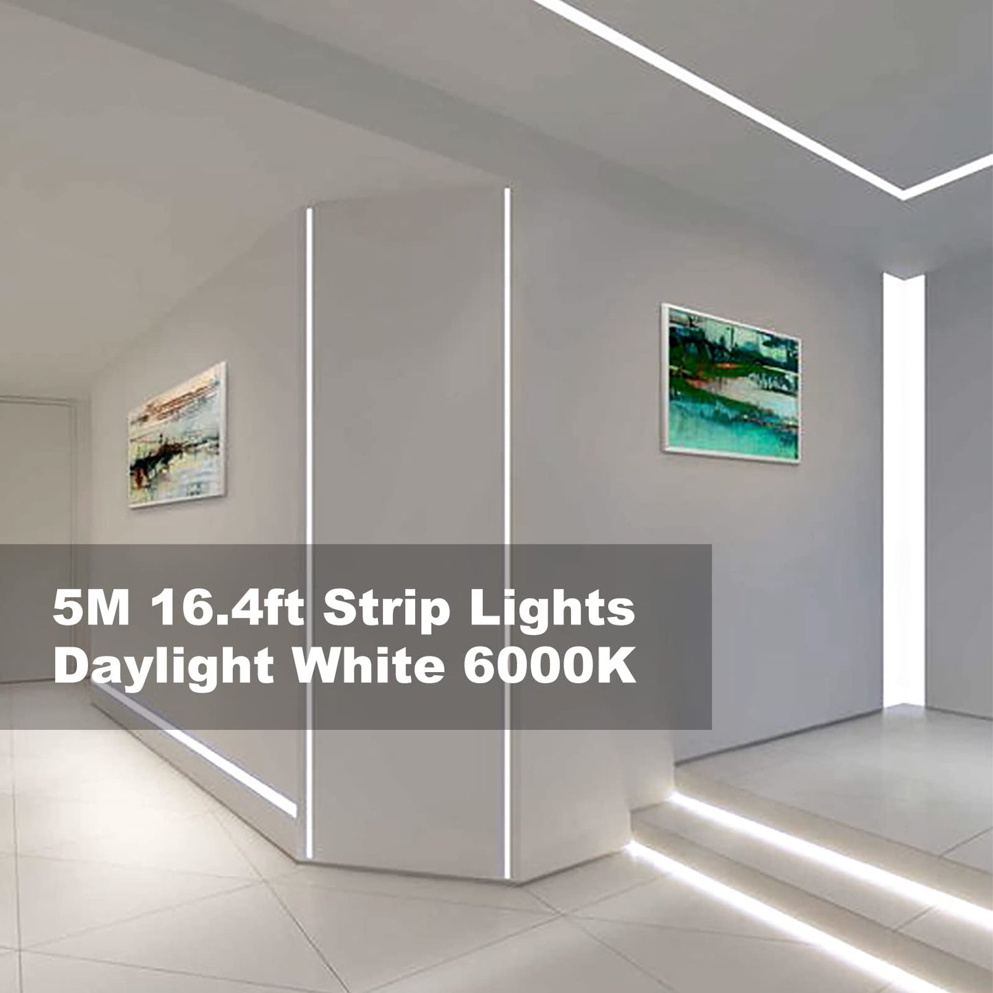 KOPMHYE 5M Dimmable LED Strip Lights Kits, 12V Tape Light, 300 2835 LED, 16.4ft 6000K Daylight White Ribbon with Power Adapter, Light Strips for Under Bed, Vanity Mirror, Cabinet, Non-Waterproof