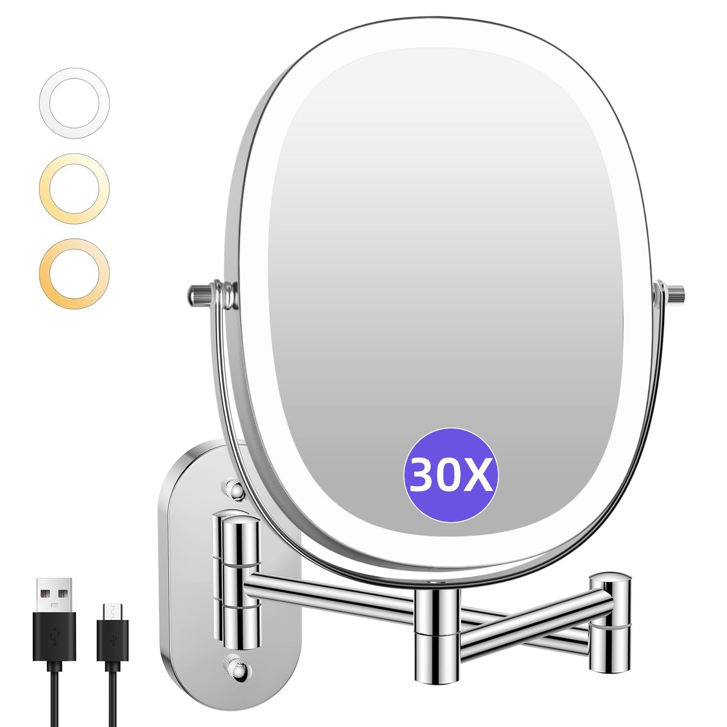 FUNTOUCH 30X/1X Wall Mounted Lighted Makeup Mirror,5000mAh Rechargeable Double Sided Magnifying Bathroom Lighted Mirror, 3 Color Modes Touch Dimmable Extended Arm 360 Rotation, Chrome