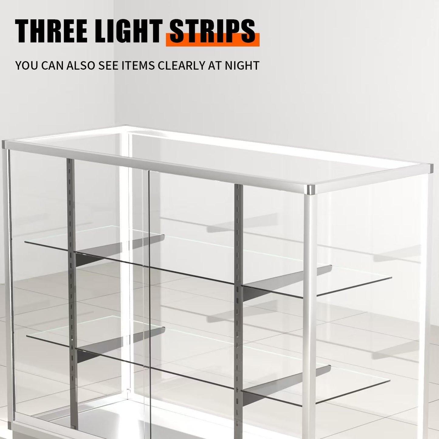 Retail Full Vision Showcasewith Aluminum Frame & Glass Adjustable Shelves, LED Lighting, Locking Design (Silvery, 4 ft)