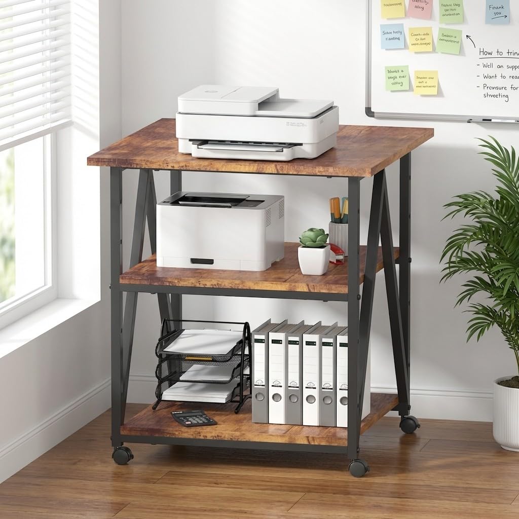 Arbuxzuy 3-Tier Printer Stand, Large Printer Table with Storage, Industrial Printer Storage Cart with Wheels, Rolling Printer Stand for Heat Press Scanner Fax, Brown