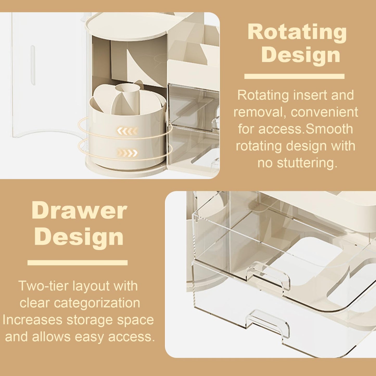 Fortuccai Makeup Organizer with 360° Rotating Brush Holder, Vanity Countertop Skincare Holder, Removable Cosmetic Display Cases, Lotions Storage Box & Dust-proof 4 Slot Make up Brushes Cup (Beige)