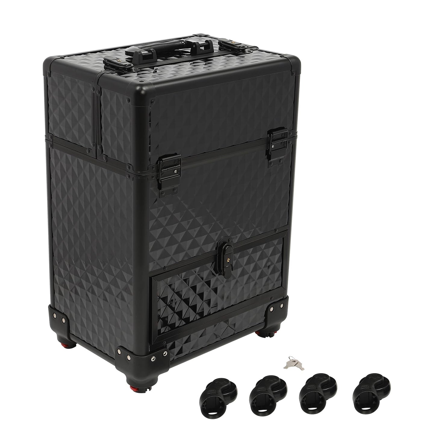 MRFIOJYDR Aluminum Rolling Makeup Train Case, Large Storage Cosmetic Trolley Portable Makeup Organizer Suitcase w/4 Removable Wheels, Keys, Adjustable Compartment (Black)