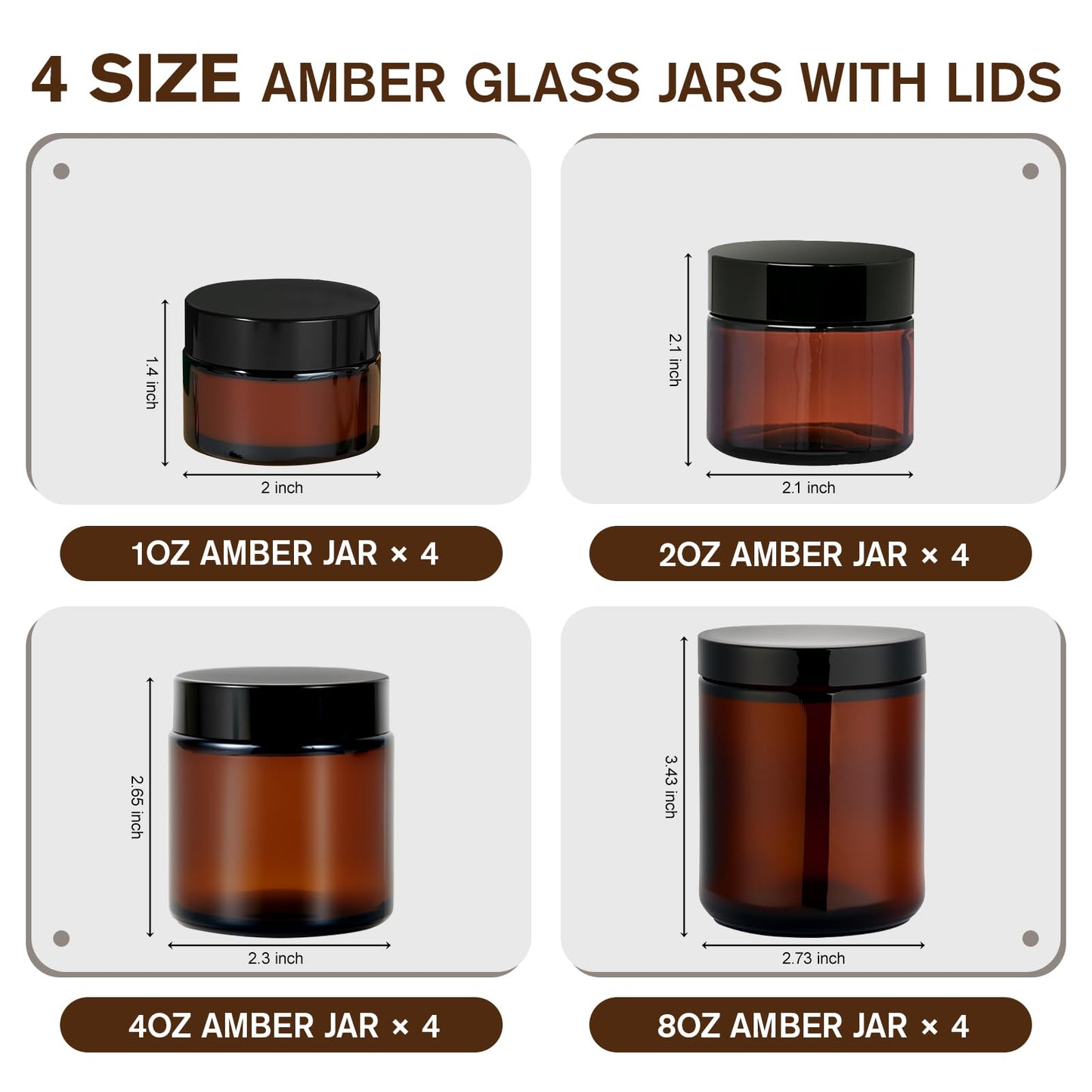 Amber Glass Jars with Lids, Hoa Kinh Total 16Pack 8oz 4oz, 2oz and 1oz Glass Jars with Lids Empty Cosmetic Containers Round Airtight Glass Jar with Inner Liners and Lid for Storing Lotions, Powders
