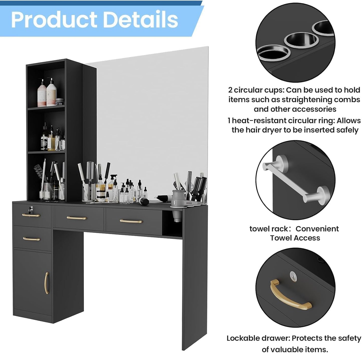 Barber Station for Hair Stylist – Salon Station with 4 Drawers (One Lockable), 1 Cabinet & Blow Dryer Holder, Modern Hair Station Barber Desk & Table for Beauty Spa or Estacion de Barberia(No Mirror)