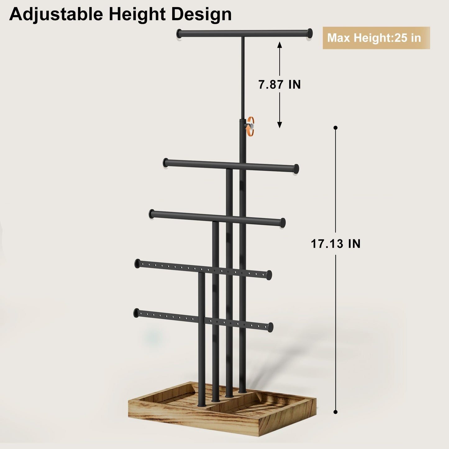 Love-KANKEI Jewelry Organizer Stand, 5 Tier Large Necklace Holder with Wood Base, Jewelry holder stand Tree for Display, Bracelets Earrings Rings, Height Adjustable Gift Carbonized Black & Black