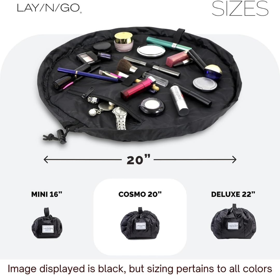 Lay-n-Go Cosmo Drawstring Cosmetic & Makeup Bag Organizer - Portable Drawstring Makeup Bag w/Zipper Pocket, Makeup Loops & More - Durable, Machine Washable Toiletry Bag (20", Comfort/Black Sherpa)
