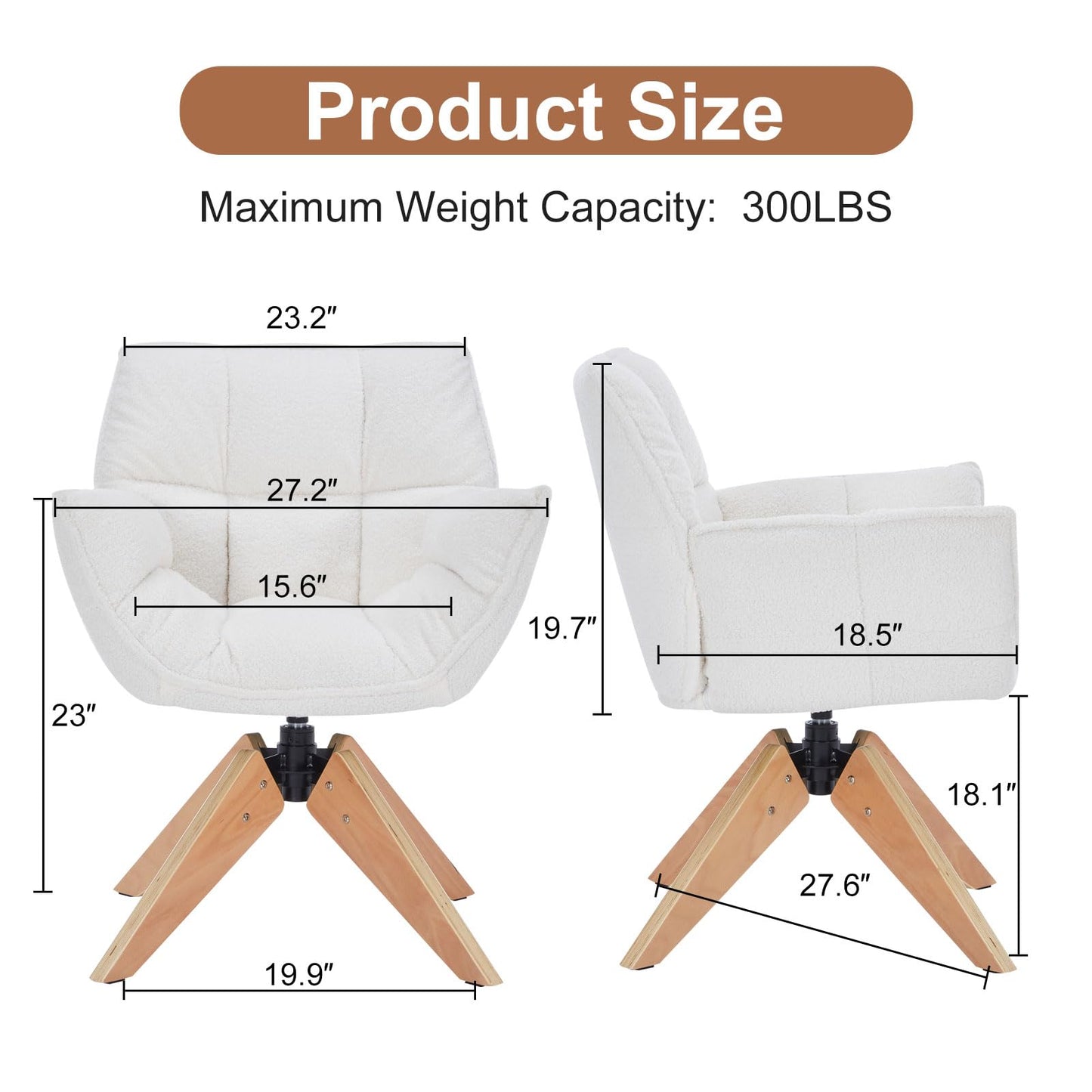 Modern Lambs Wool Accent Chair with Armrest, Sherpa Vanity Desk Chair No Wheels, Mid Century Comfy Upholstered Armchair with Wood Legs for Living Room, Bedroom, Makeup Room, Off-White